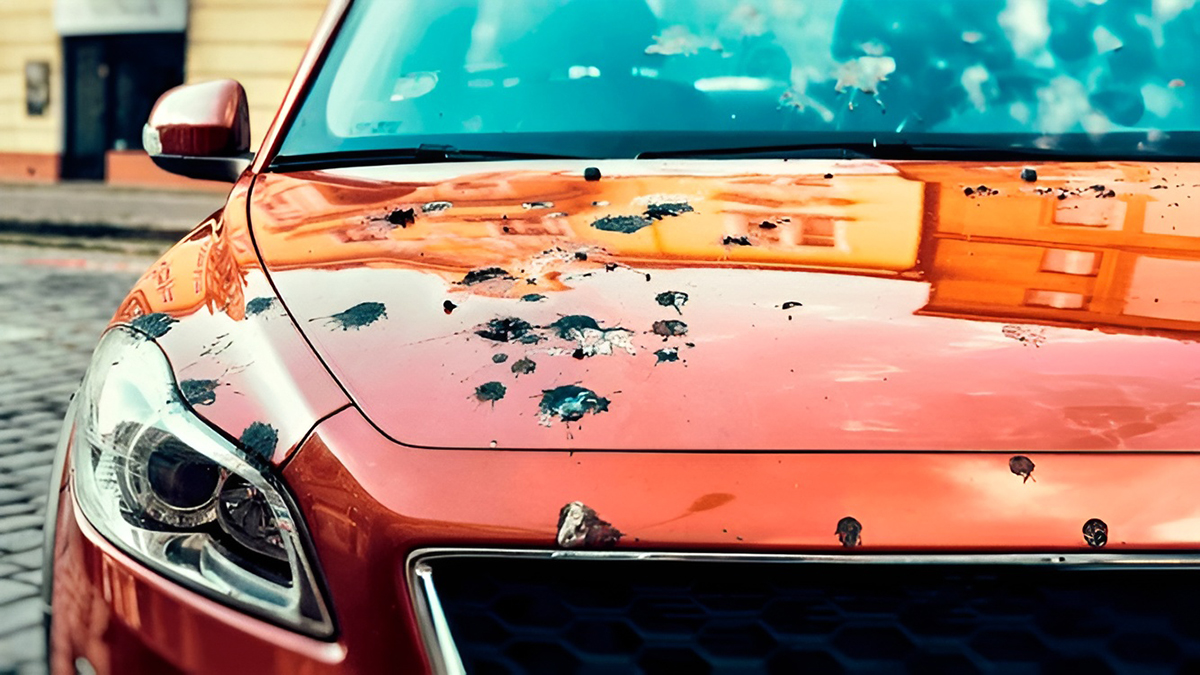 Avant d’une voiture rouge avec des taches de fientes d’oiseaux sur la peinture