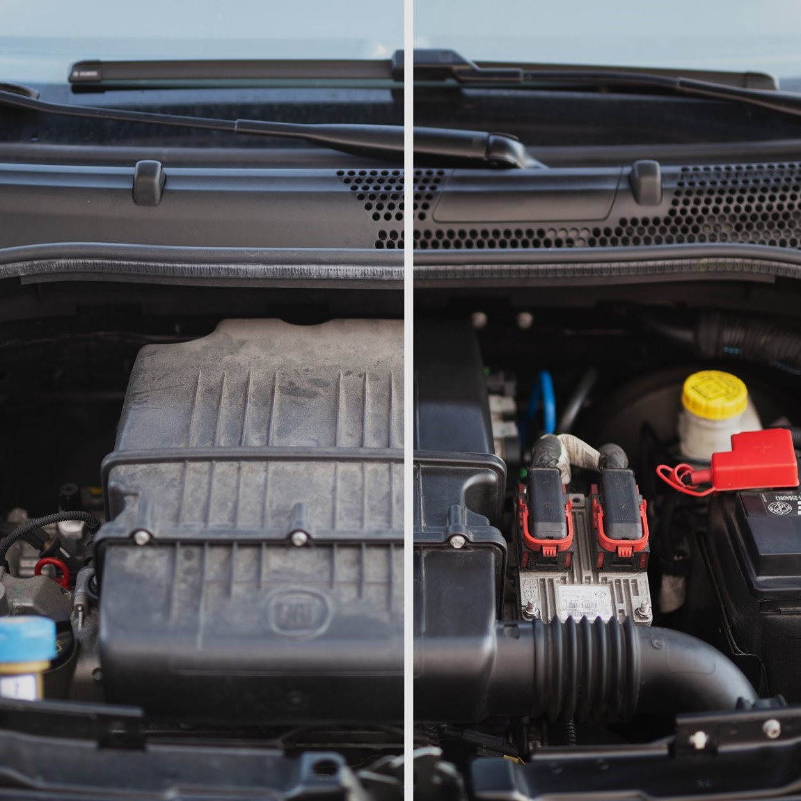 Comparativa de un motor de coche tras ser limpiado con Sisbrill MotorClean